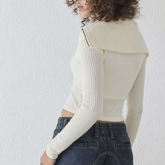 BDG Urban Outfitters Cream Ribbed Zip Up Sweater Y2K Cropped Top Size Large - Picture 2 of 8